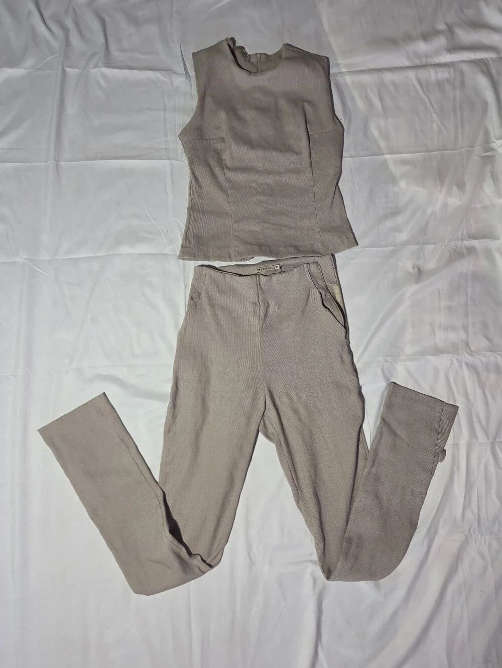 Lorena Vieira Neutral 2-Piece Set Beige Top & Slim Pants Petite S (Read Flaws)
